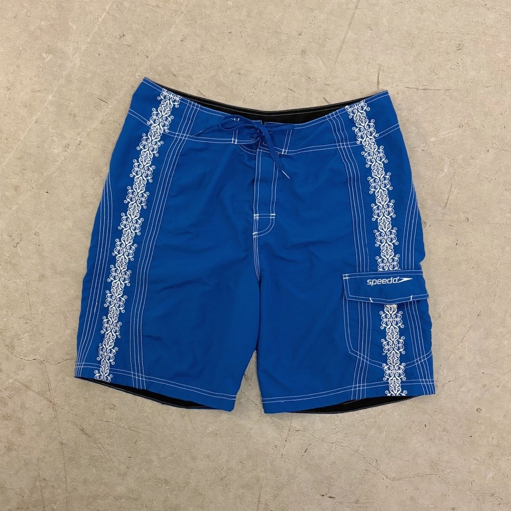 Speedo Mens Blue Board Shorts Size 36 Cargo Pocket Swim‎ Trunks Filigree Print